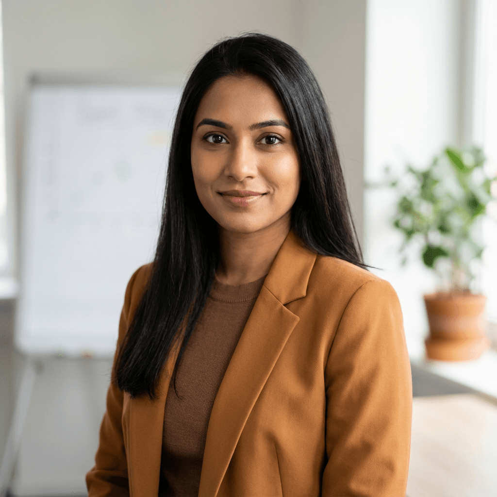 Priya Patel in a bright modern workspace