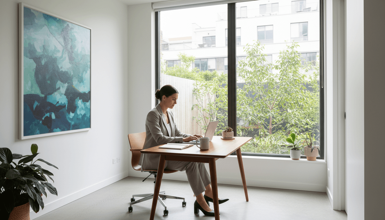 Professional virtual assistant working remotely on a laptop in a bright home office