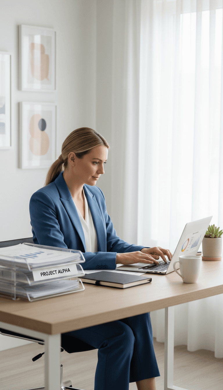 Professional virtual assistant working on a laptop at an organized desk