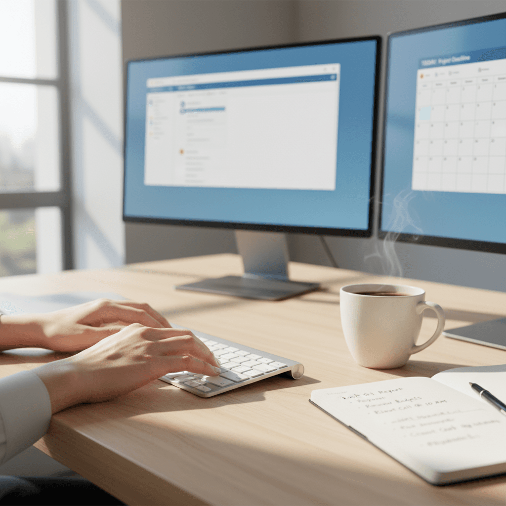 Virtual assistant at a clean desk managing a schedule and documents